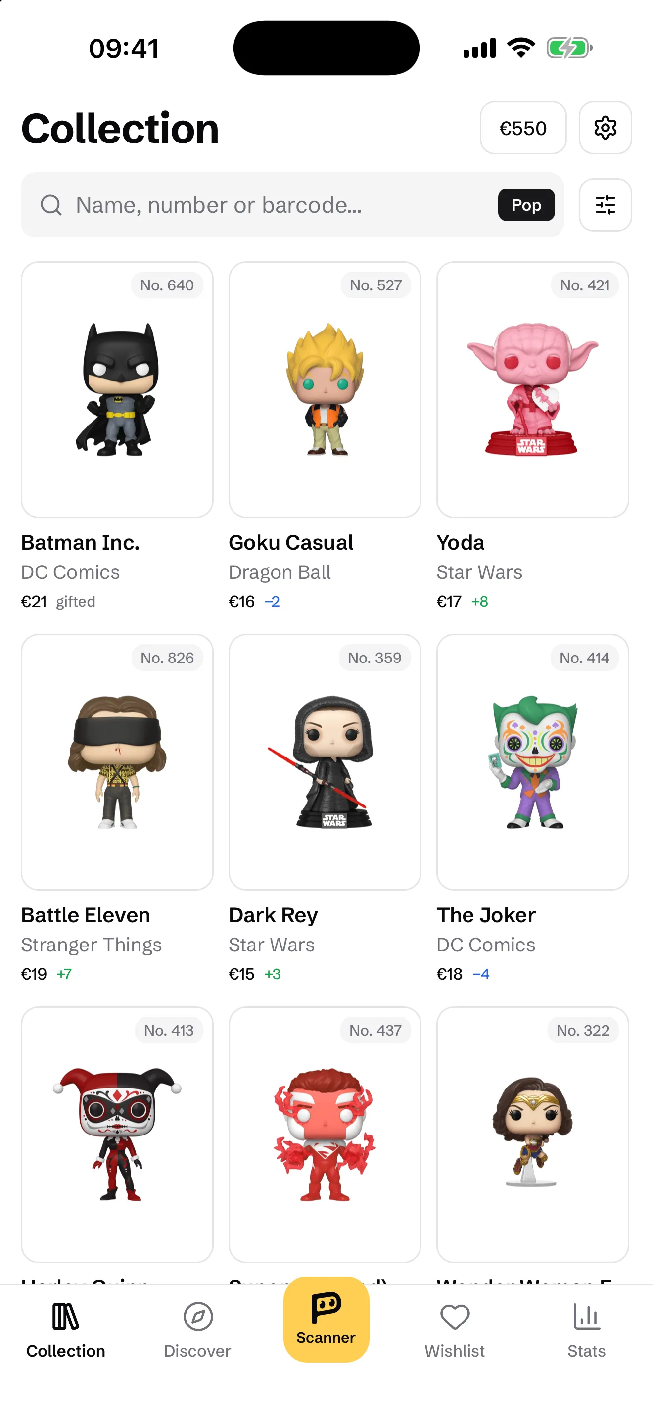 The Popfolio collection screen: a grid of Funko Pops with their number, market value and change.