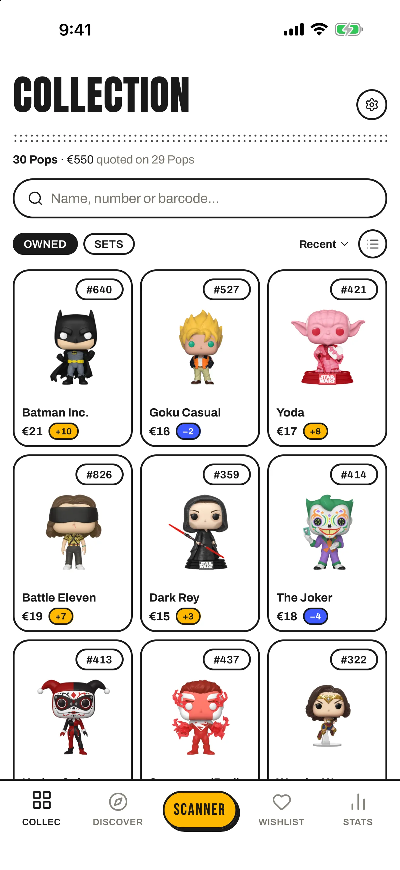 The Popfolio collection screen: a grid of Funko Pops with their number, market value and change.
