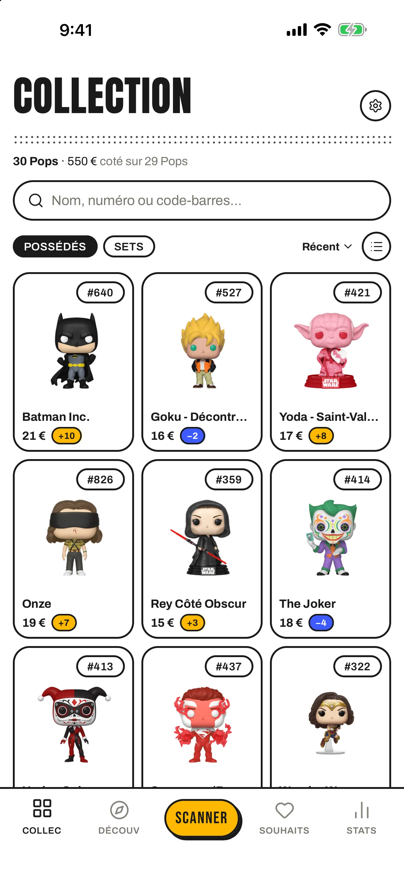 L’écran Collection de Popfolio : une grille de Funko Pop avec leur numéro, leur cote et son évolution.