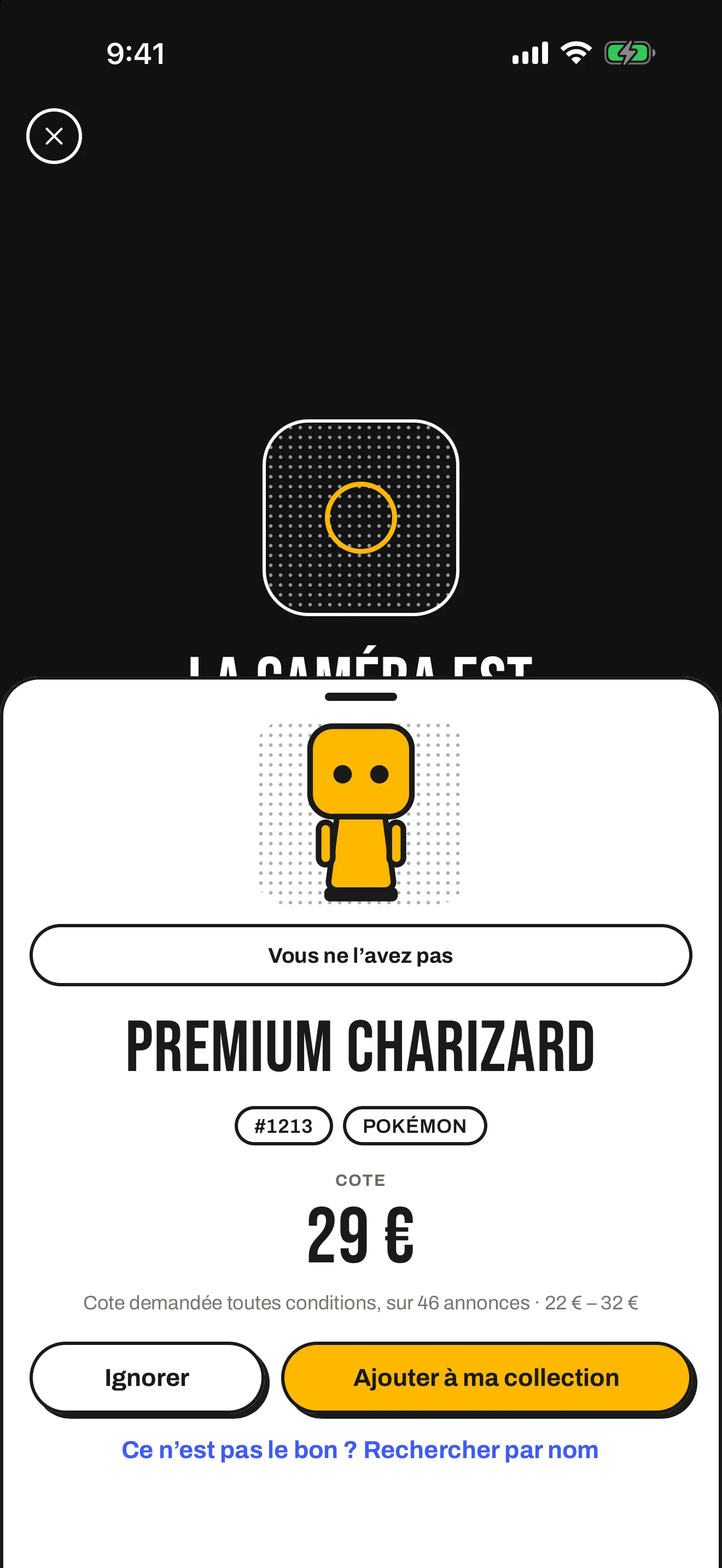 Un résultat de scan dans Popfolio : la figurine, si vous la possédez et sa cote.
