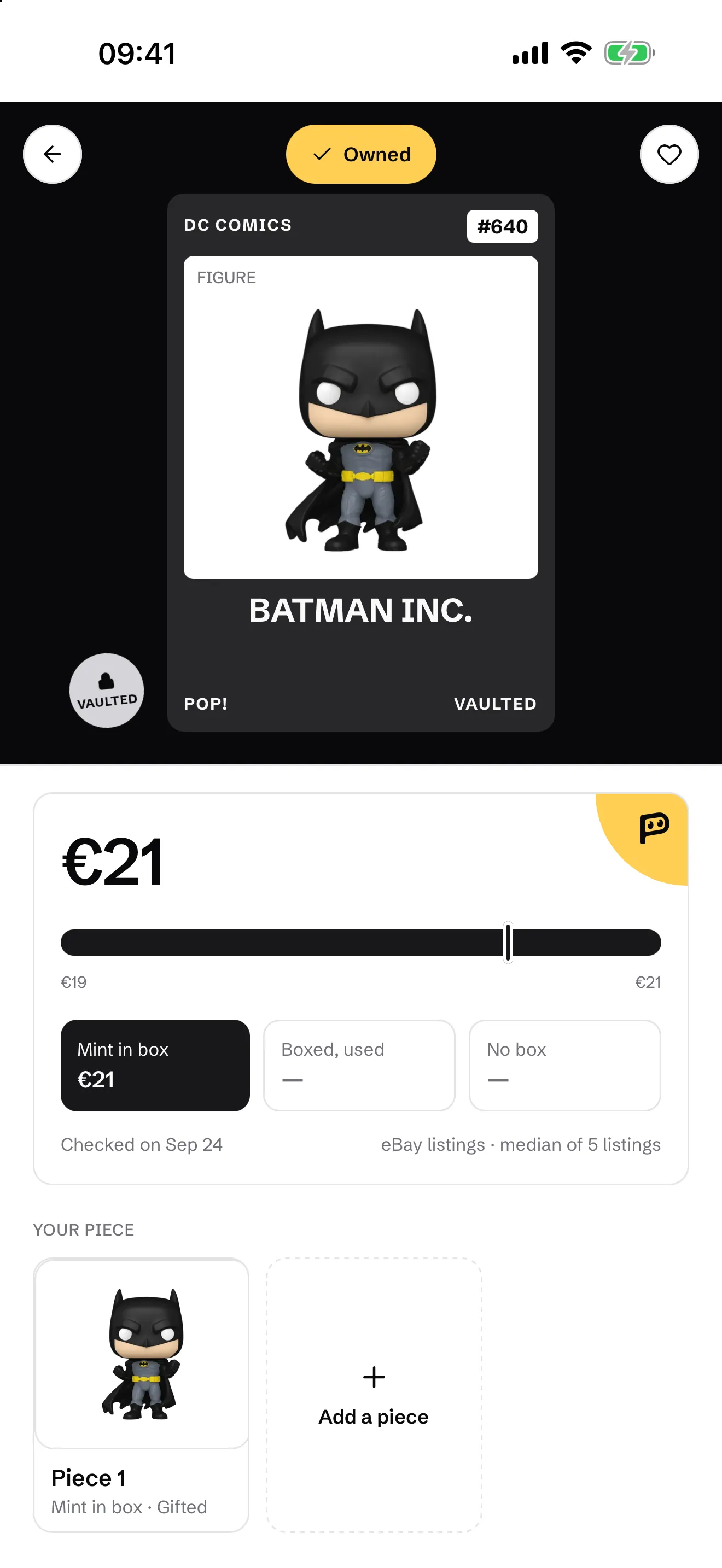 A Pop page in Popfolio showing the price paid, the market value and the difference.