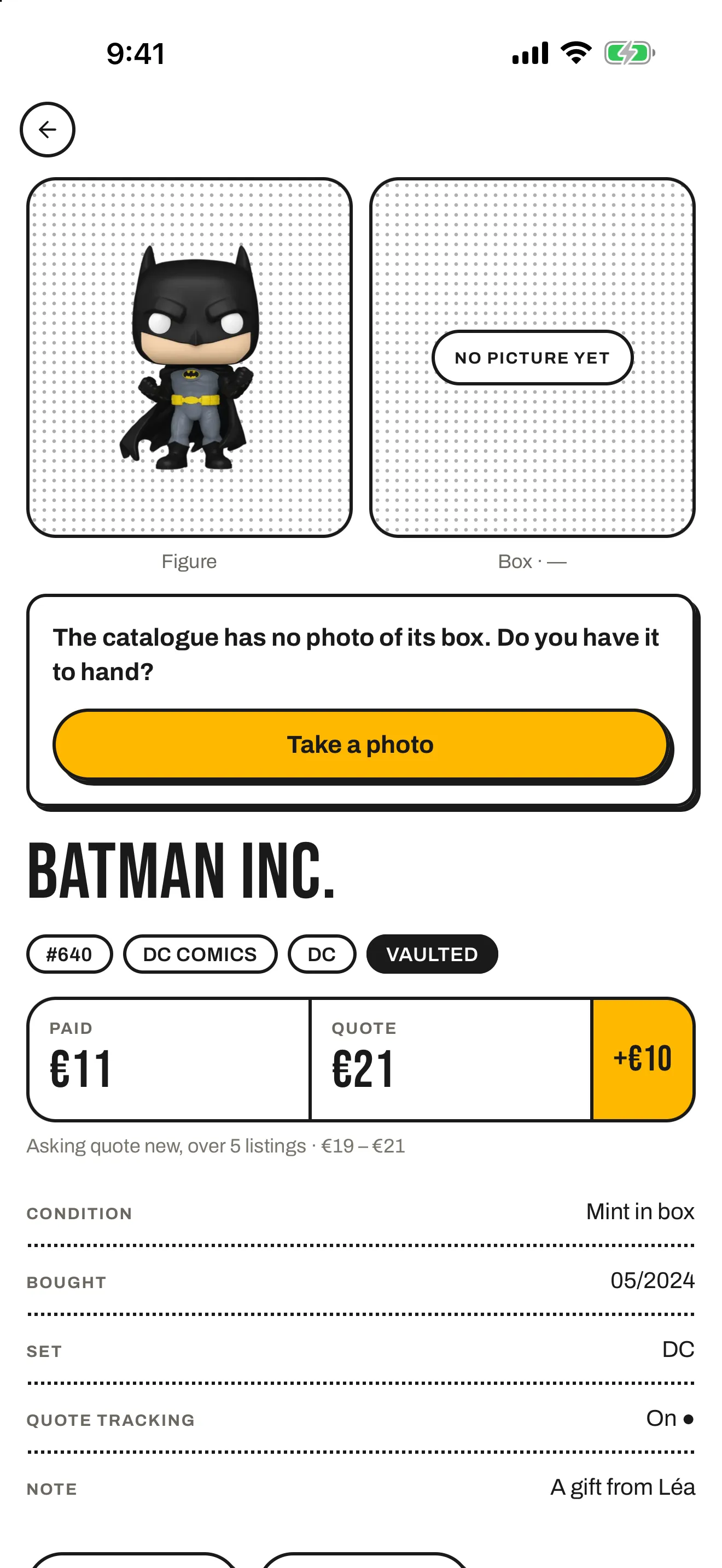 A Pop page in Popfolio showing the price paid, the market value and the difference.